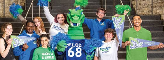Our mascot, Flick, showing its FLCC pride along with several students and staff.
